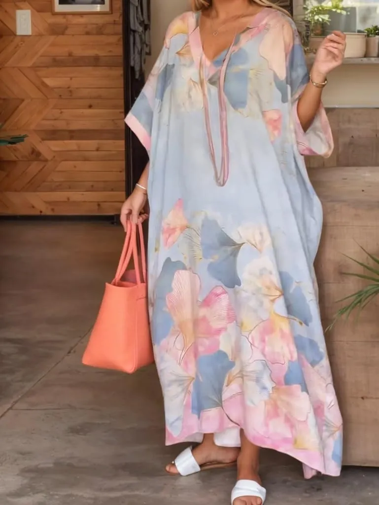 Women's Summer Colorful Floral V Neck Maxi Dress Casual Plus Size Bohemian Beach Vacation Kaftan Dress
