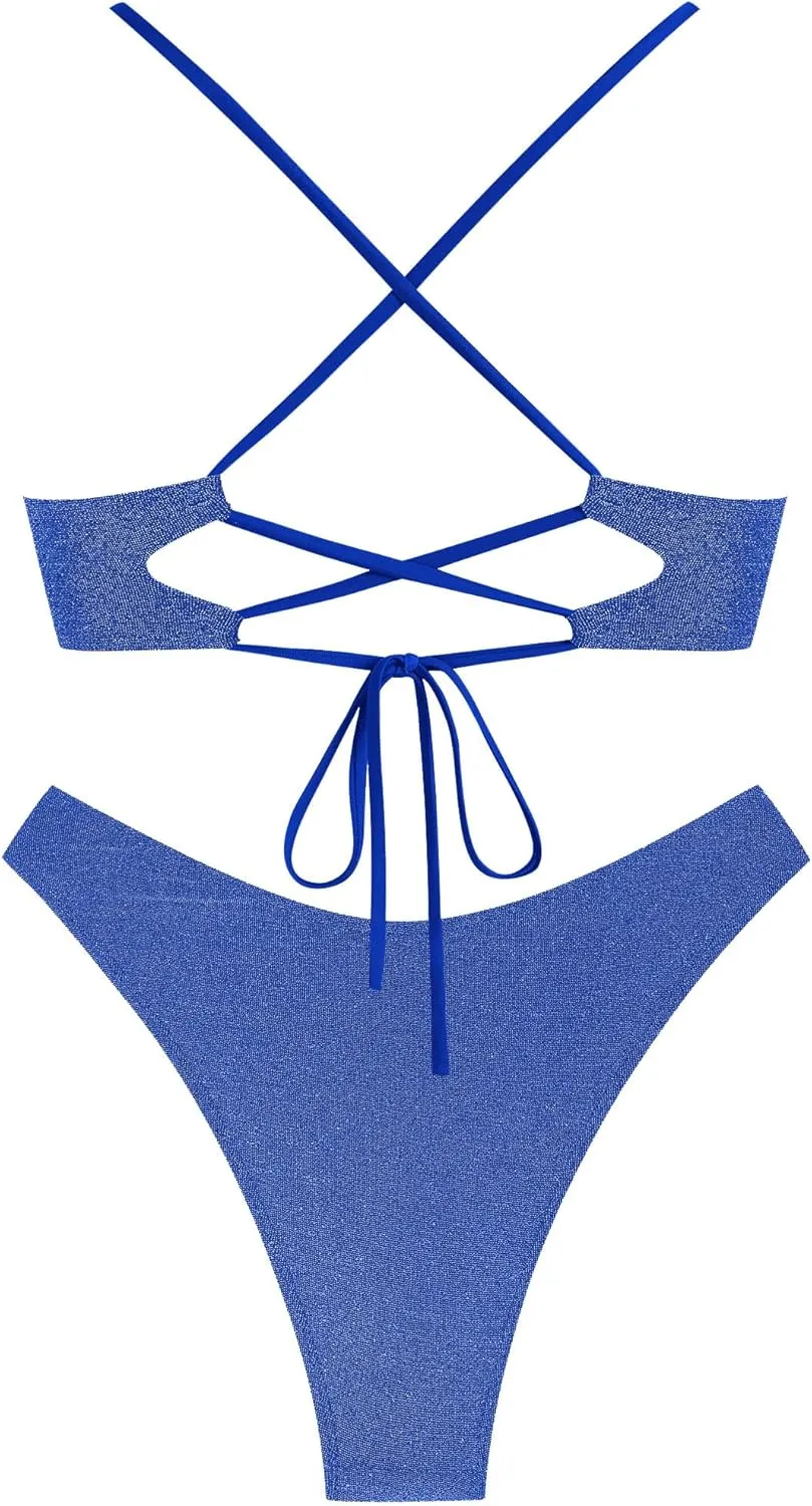 ZAFUL Women's Two Piece Swimsuit Textured U-Wired Metal Criss Cross String Bikini High Leg Bathing Suits