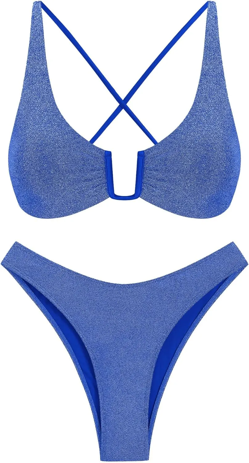 ZAFUL Women's Two Piece Swimsuit Textured U-Wired Metal Criss Cross String Bikini High Leg Bathing Suits