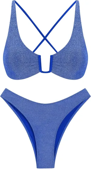 ZAFUL Women's Two Piece Swimsuit Textured U-Wired Metal Criss Cross String Bikini High Leg Bathing Suits