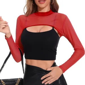 Zando 2025 Sexy Long Sleeve Rave Outfits for Women Mesh Sheer Crop Tops Mock Neck See Through Shirt Clubwear Festival Party